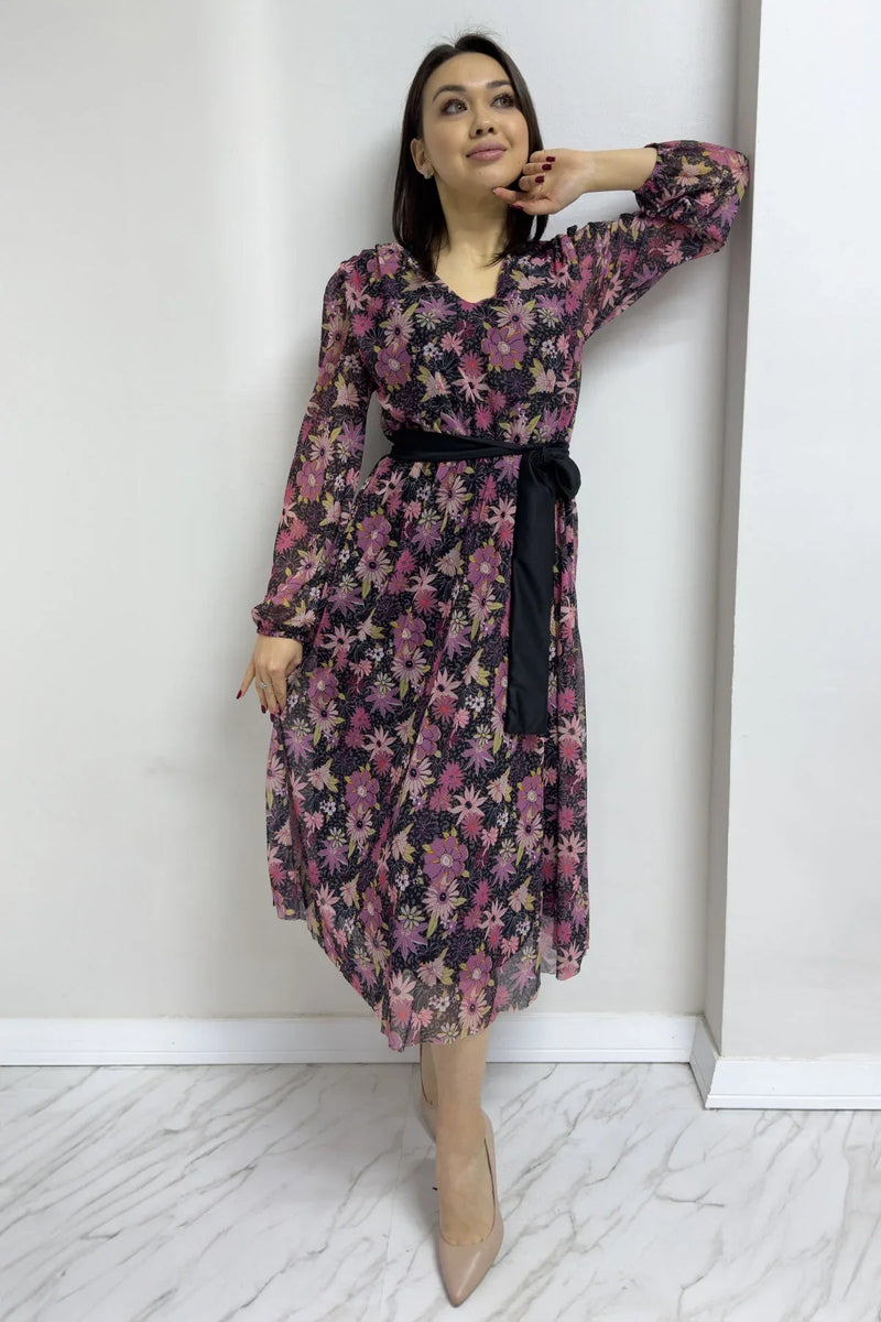 Women's Black Floral V-Neck Midi Chiffon Plus Size Dress
