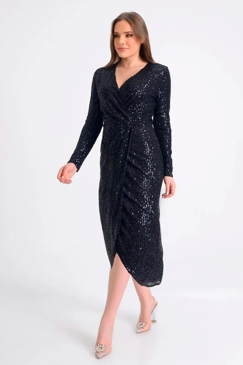 Black Sequin Midi Lenght Evening Dress