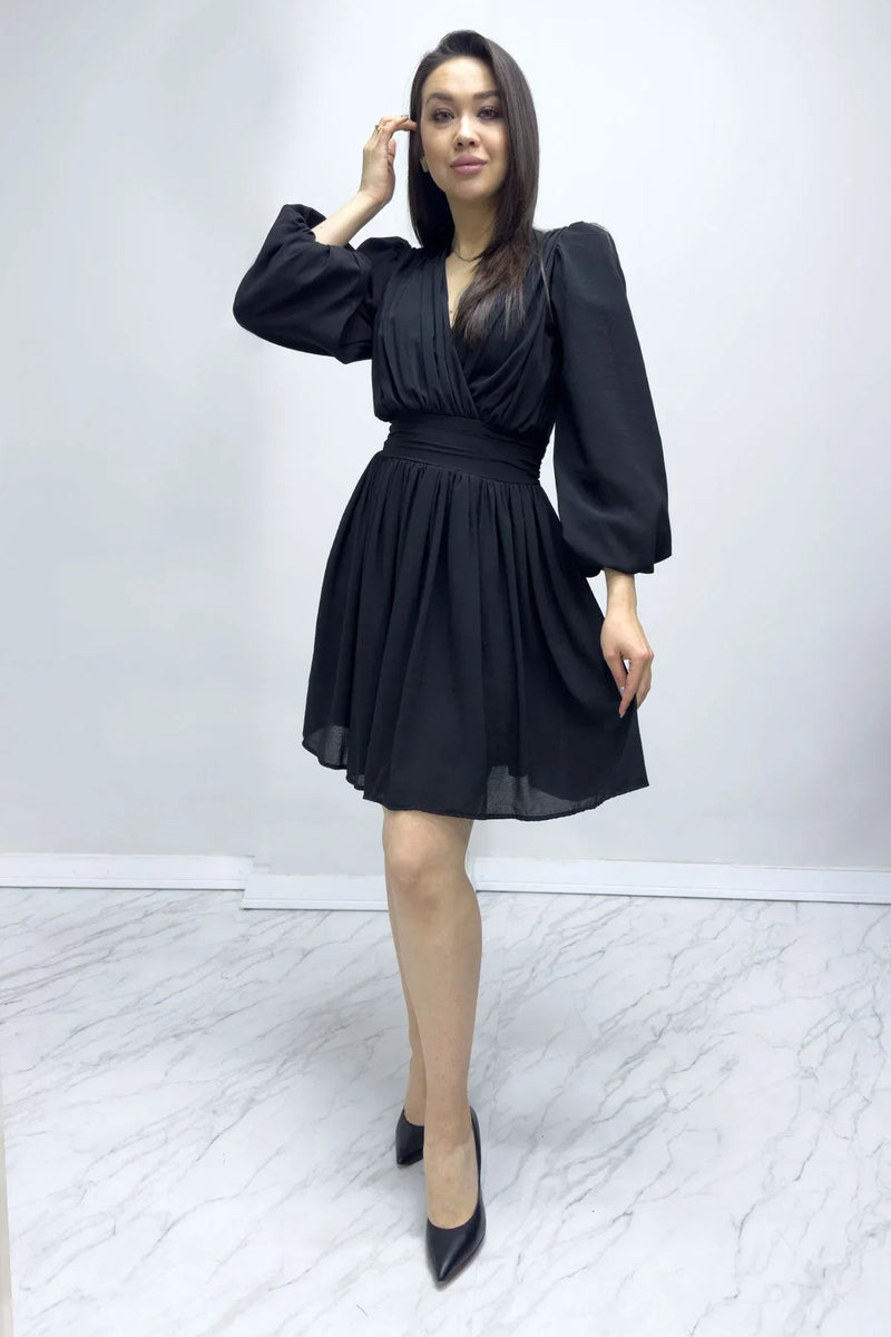 Women's Black Balloon Sleeve Chiffon Dress