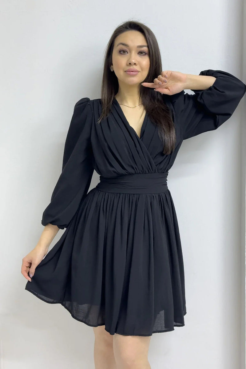 Women's Black Balloon Sleeve Chiffon Dress