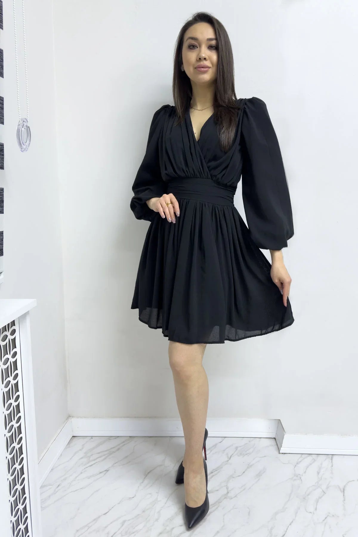 Women's Black Balloon Sleeve Chiffon Dress
