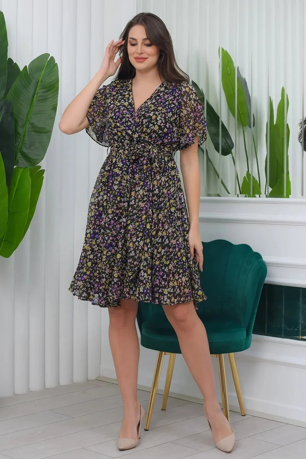 Women's Mini Floral Flared Half Sleeve Plus Size Chiffon Dress