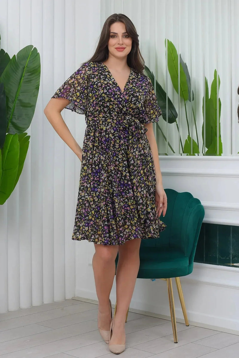 Women's Mini Floral Flared Half Sleeve Plus Size Chiffon Dress