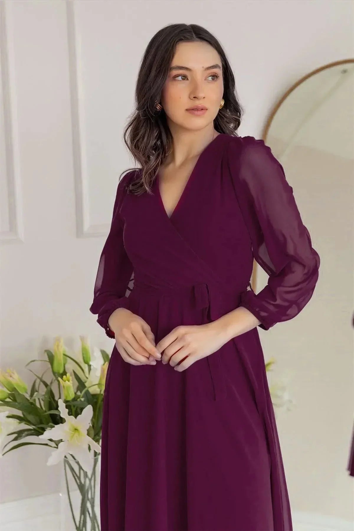 Women's Purple Balloon Sleeve Wrap Midi Chiffon Dress