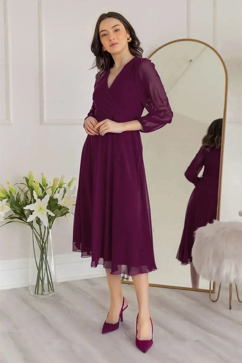 Women's Purple Balloon Sleeve Wrap Midi Chiffon Dress