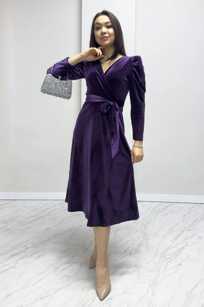 Women's Purple Karpuz Sleeve Wrap Velvet Belted Plus Size Dress