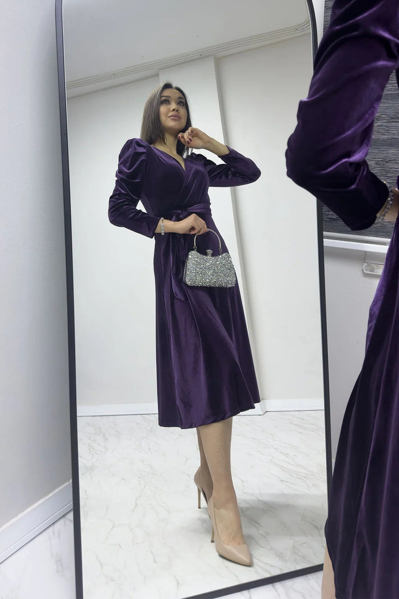 Women's Purple Karpuz Sleeve Wrap Velvet Belted Plus Size Dress