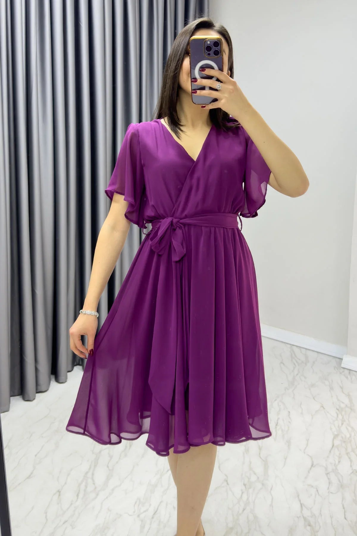 Women's Plum Flared Half Sleeve Plus Size Chiffon Dress