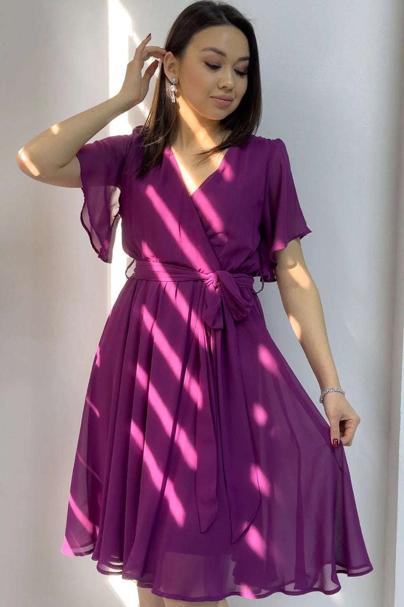 Women's Plum Flared Half Sleeve Plus Size Chiffon Dress