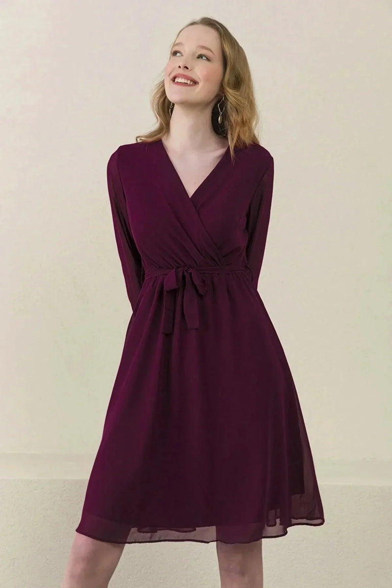Women's Purple Wrap Neck Chiffon Plus Size Short Dress