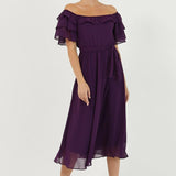 Purple Ruffled Madonna Collar Plus Size Chiffon Dress