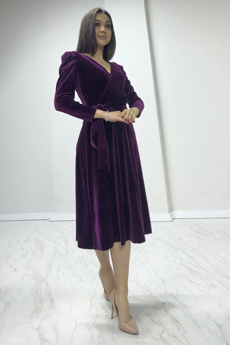 Women's Plum Karpuz Sleeve Wrap Velvet Belted Plus Size Dress