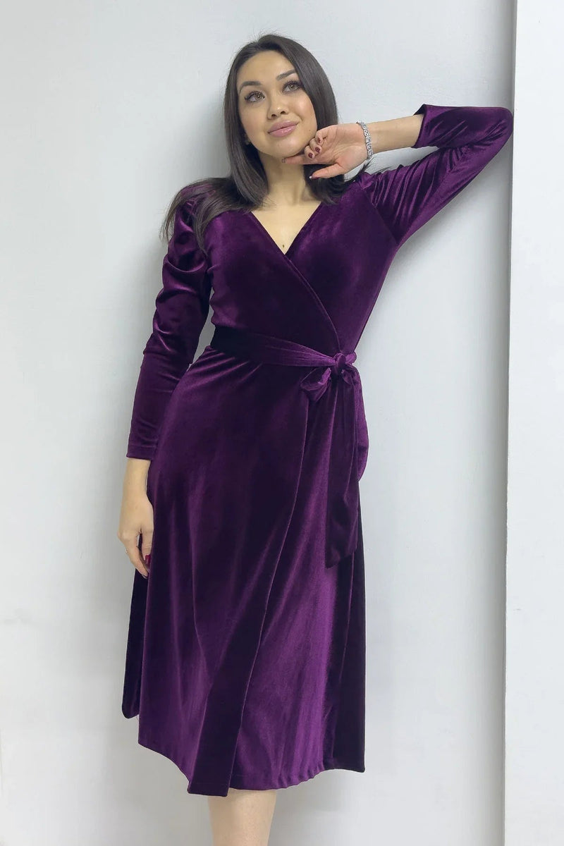 Women's Plum Karpuz Sleeve Wrap Velvet Belted Plus Size Dress