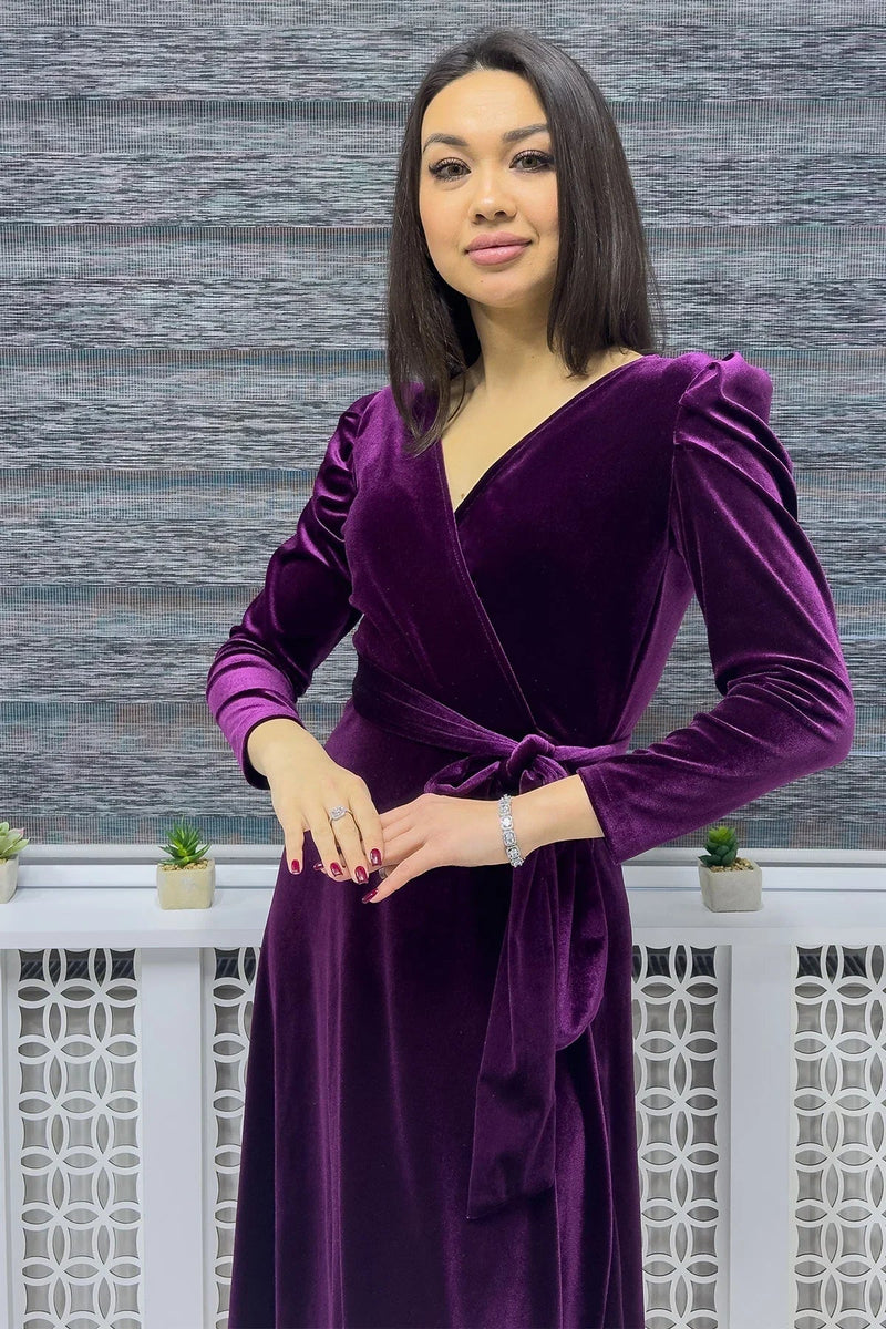 Women's Plum Karpuz Sleeve Wrap Velvet Belted Plus Size Dress