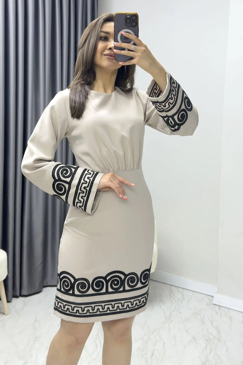 Women's Beige Long Sleevelu Nakış Embellished Dress