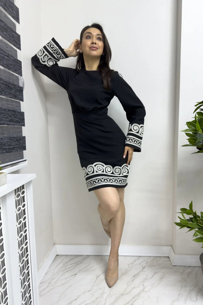 Women's Black Long Sleevelu Nakış Embellished Dress