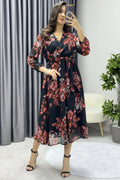 Pomegranate Flower Patterned Midi Length Chiffon Dress