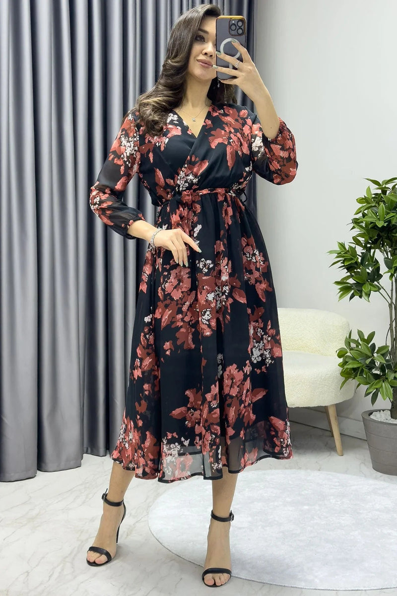 Women's Nar Çiçeği Patterned Balloon Sleeve Wrap Midi Chiffon Dress - the ZKS