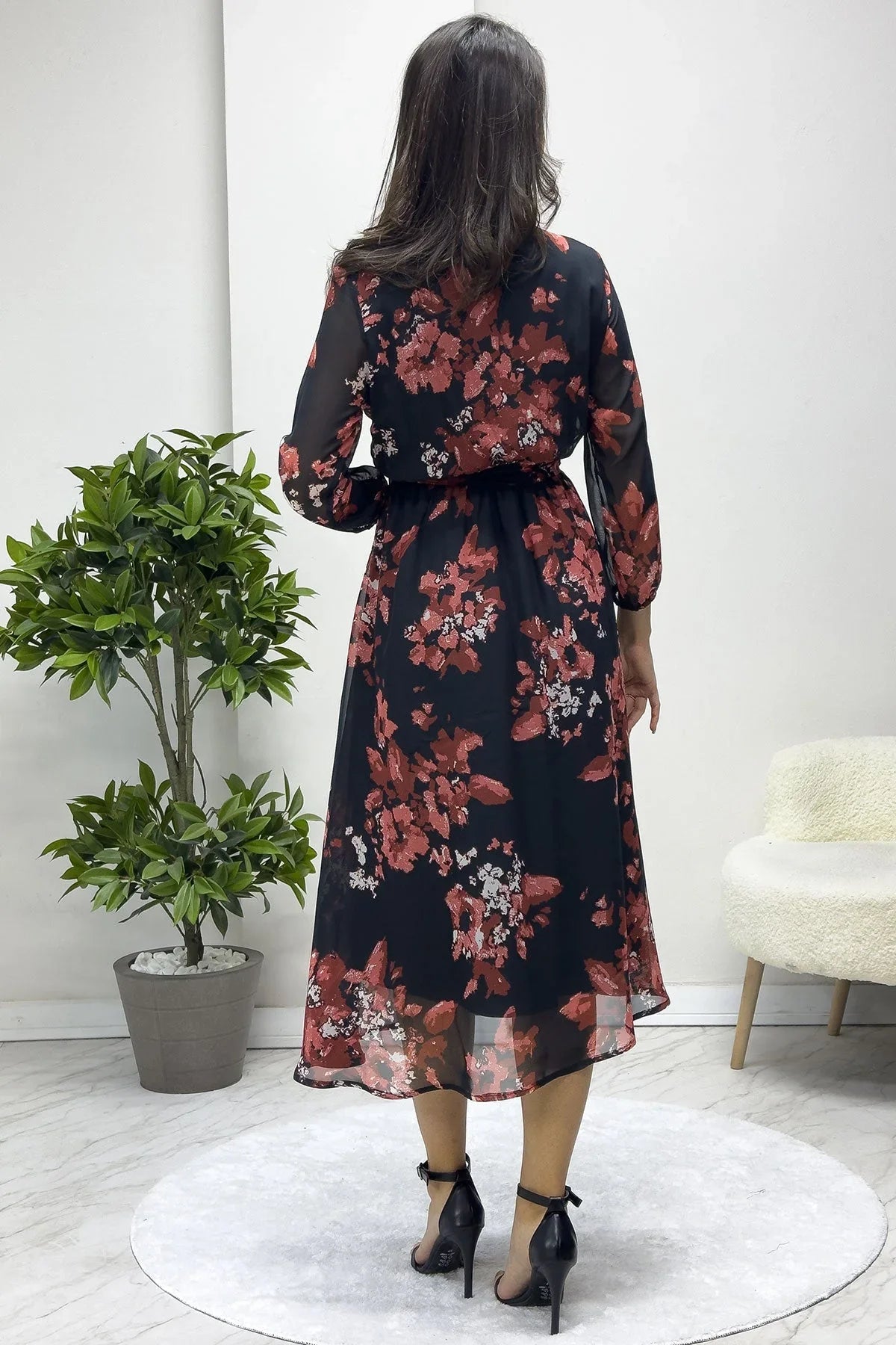 Women's Nar Çiçeği Patterned Balloon Sleeve Wrap Midi Chiffon Dress - the ZKS