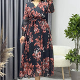 Pomegranate Blossom Patterned Midi Chiffon Dress