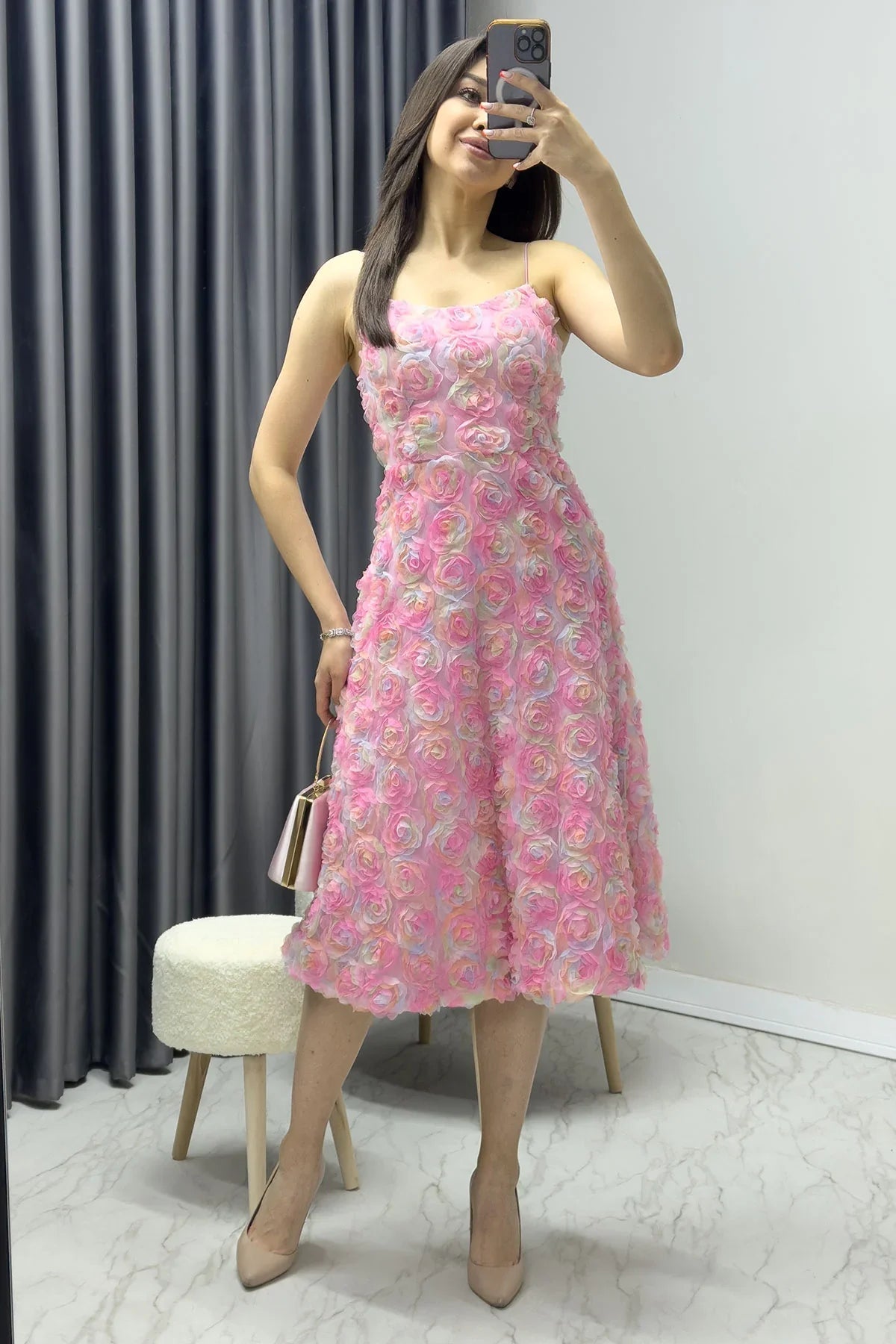 Women's Strap Flared Çiçek Detail Yaz Dresssi