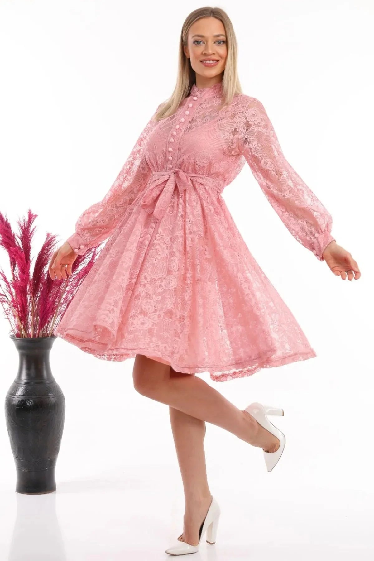 Women's Pink Fransız Güpür Buttoned Plus Size Evening Gown