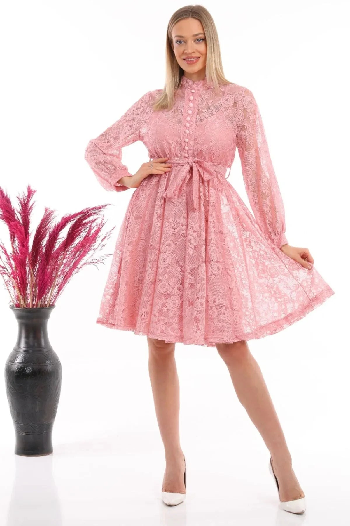 Women's Pink Fransız Güpür Buttoned Plus Size Evening Gown