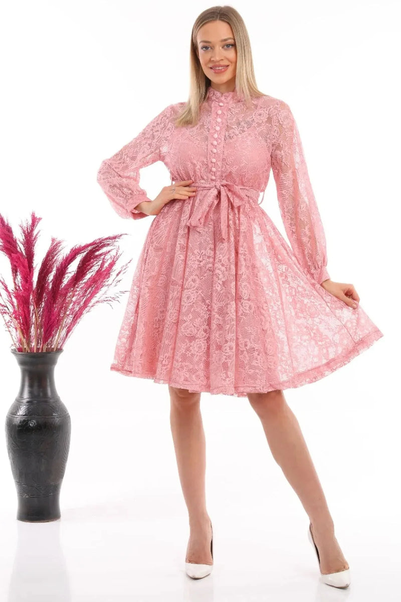 Women's Pink Fransız Güpür Buttoned Plus Size Evening Gown