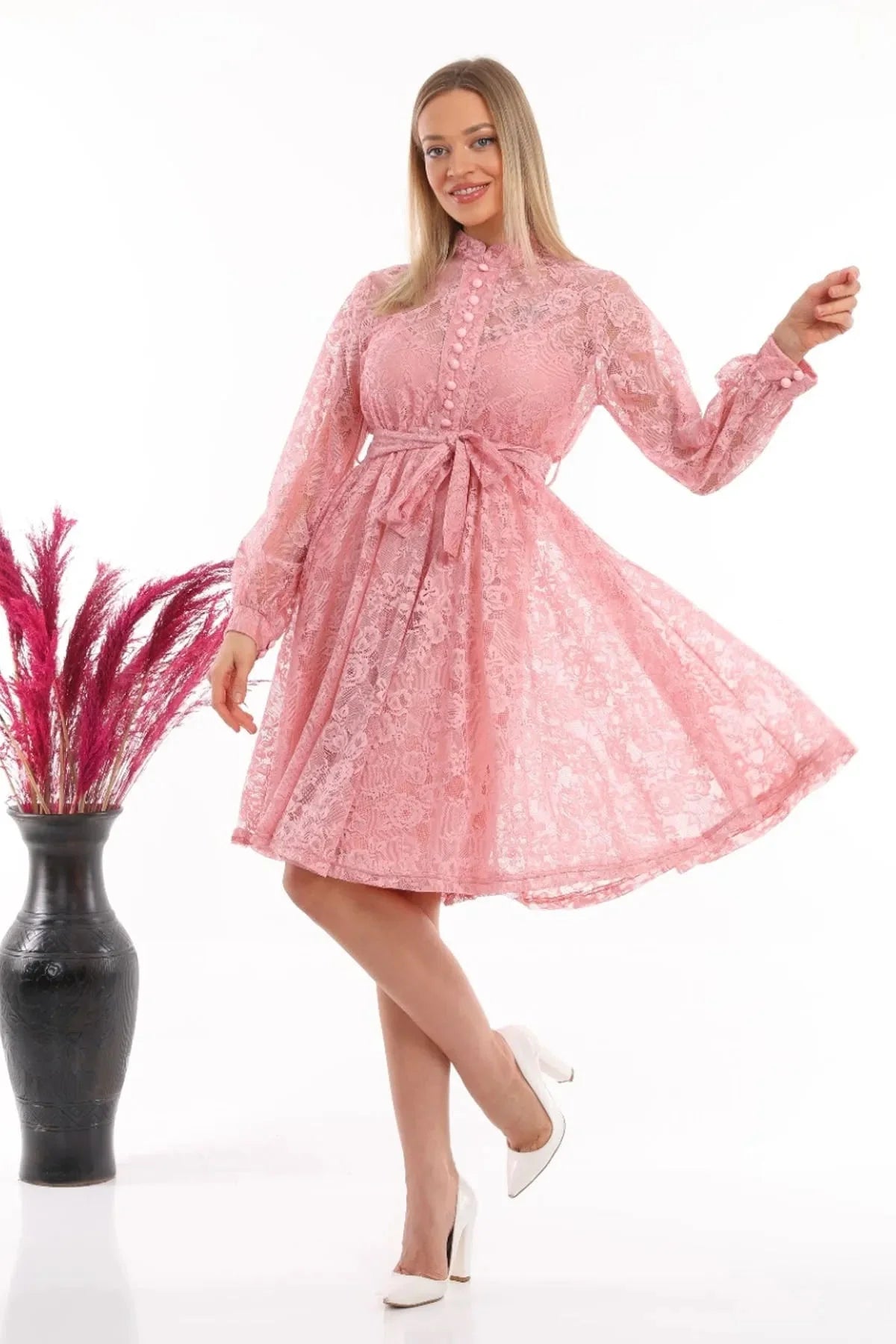 Women's Pink Fransız Güpür Buttoned Plus Size Evening Gown