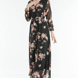Pink Floral Patterned Midi Chiffon Dress