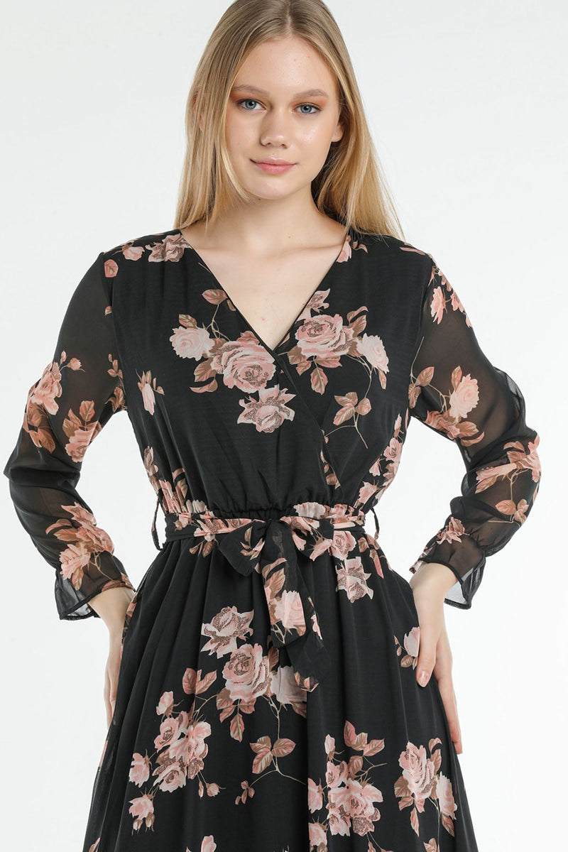 Women's Pink Rose Patterned Wrap Neck Chiffon Plus Size Dress