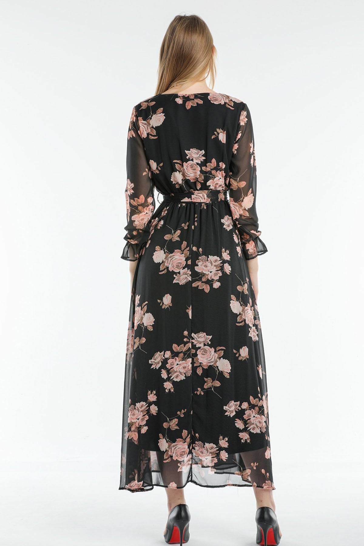 Women's Pink Rose Patterned Wrap Neck Chiffon Plus Size Dress