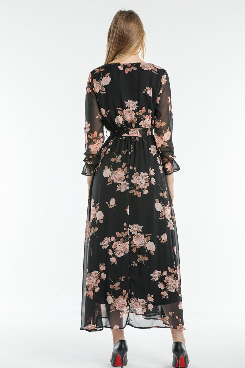 Women's Pink Rose Patterned Wrap Neck Chiffon Plus Size Dress