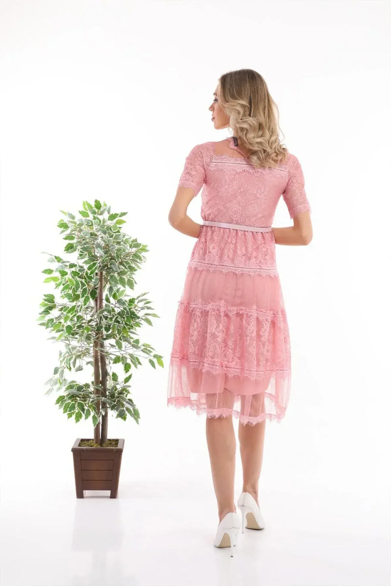 Women's Pink Short Sleeve Guipure Evening Gown
