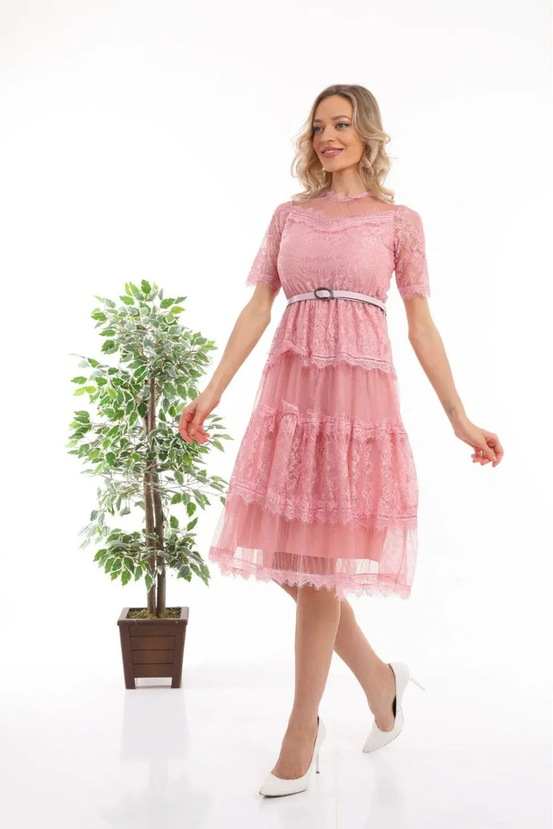 Women's Pink Short Sleeve Guipure Evening Gown