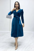Petrol Blue Midi Length Velvet Dress
