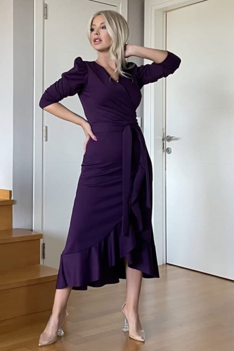 Women's Purple Karpuz Sleeve Wrap Crepe Belted Plus Size Ruffled Dress