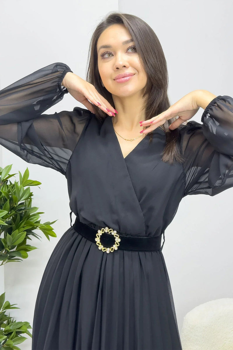 Women's Black Piliseli Midi Belted Chiffon Dress