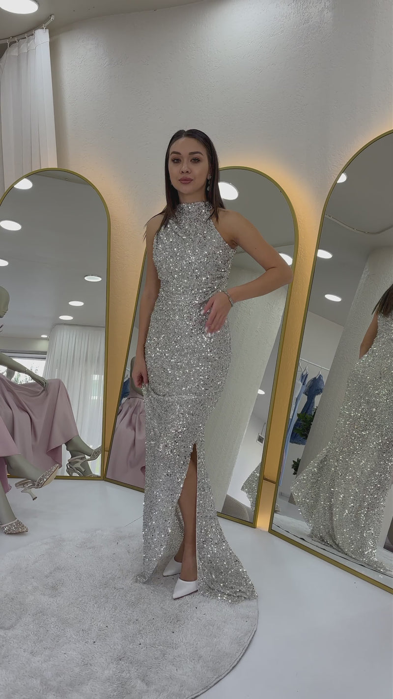 Women's Beige Halter Neck Sequin Train Evening Gown