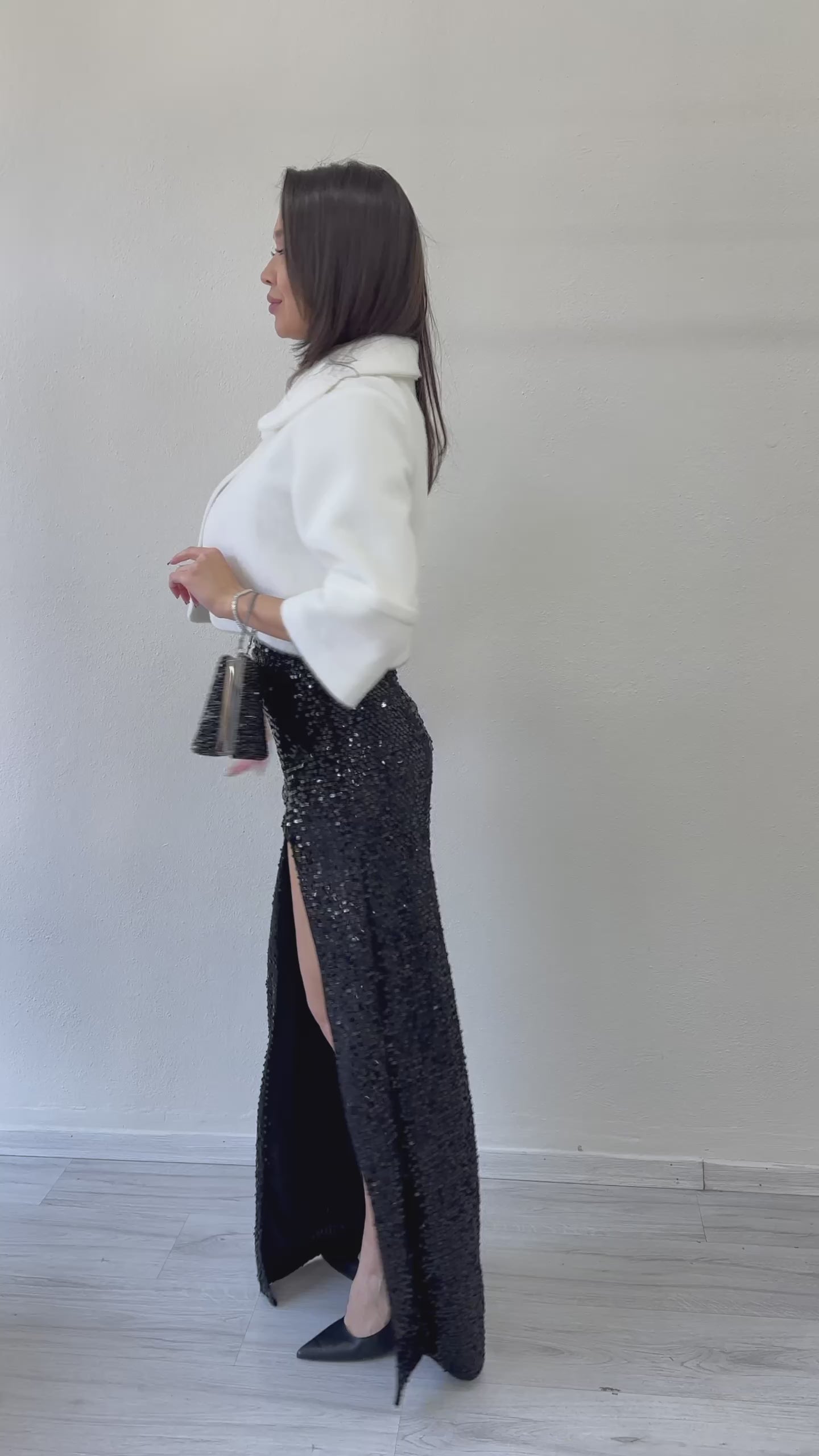 Women's White Single Button Lined Fur Coat Style Evening Jacket