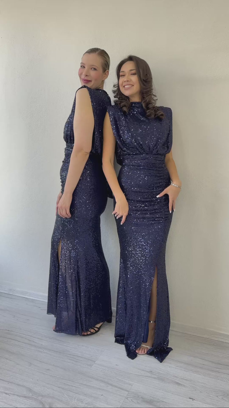 Women's Navy Blue High Neck Kuşak Detail Slit Sequin Evening Gown