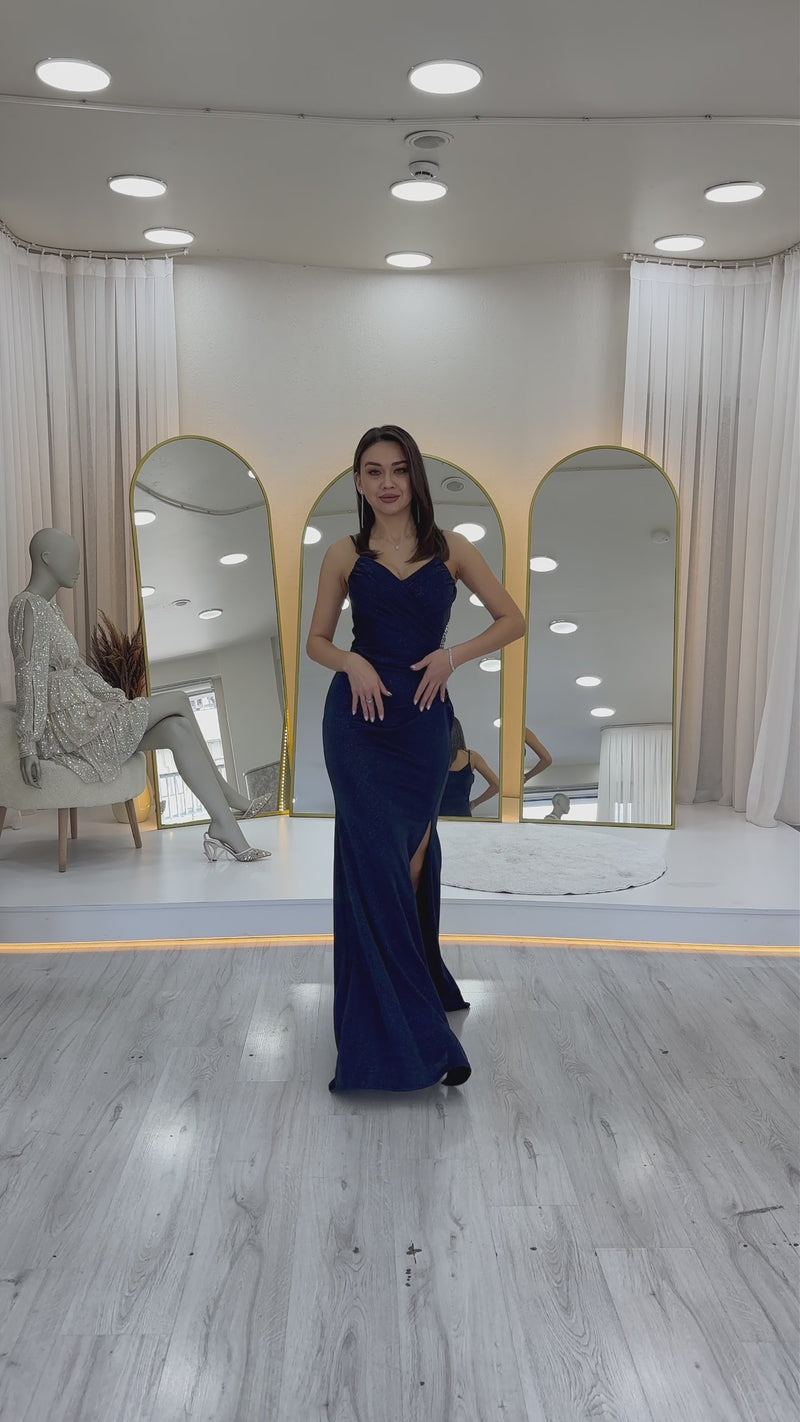 Women's Navy Blue Strap Wrap Neck Drapedd Crystal Embellished Glitter Evening Gown