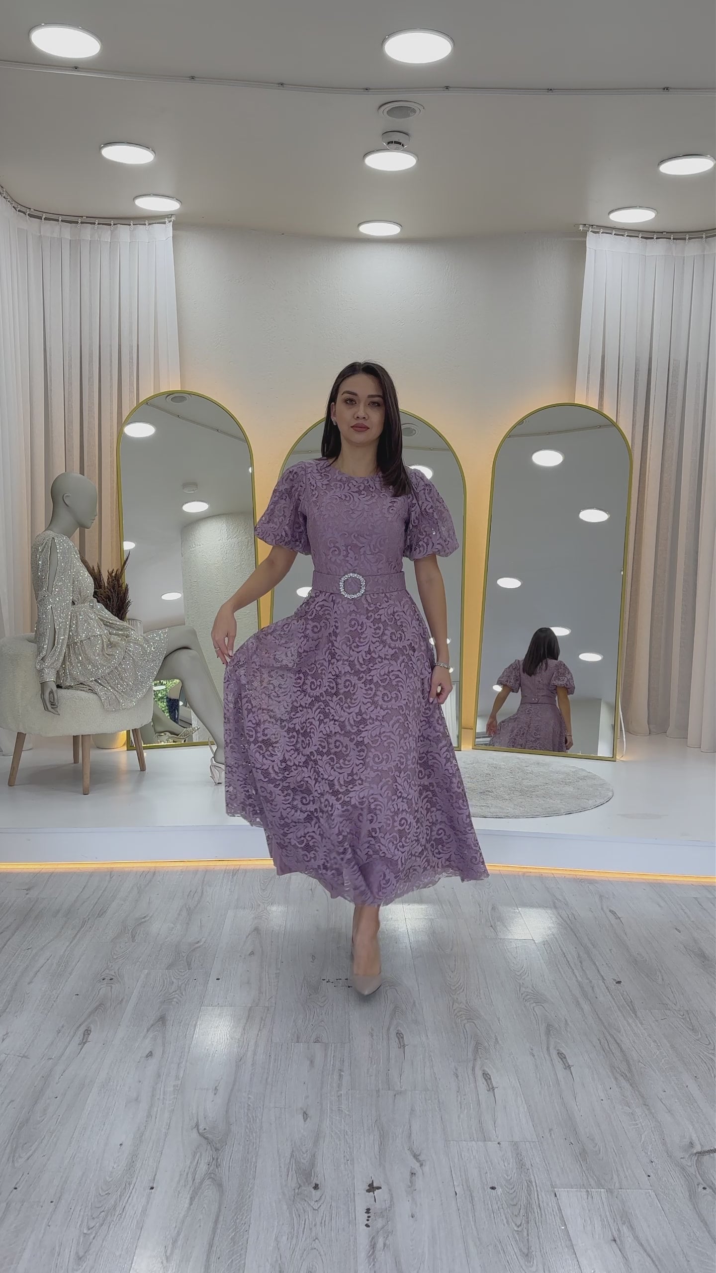 Women's Dusty Rose Balloon Sleeve Maxi Belted Lace Dress