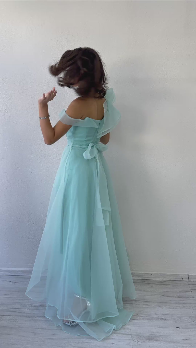 Women's Aqua Green Off-Shoulder Asymmetric Skirt Tulle Evening Gown