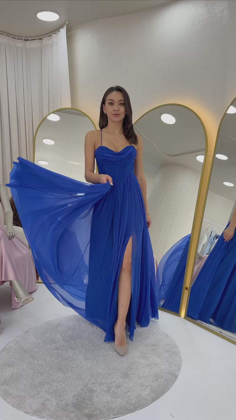 Women's Saxe Blue Glitter Sırt Dekolteli Corset Detail Slit Evening Gown