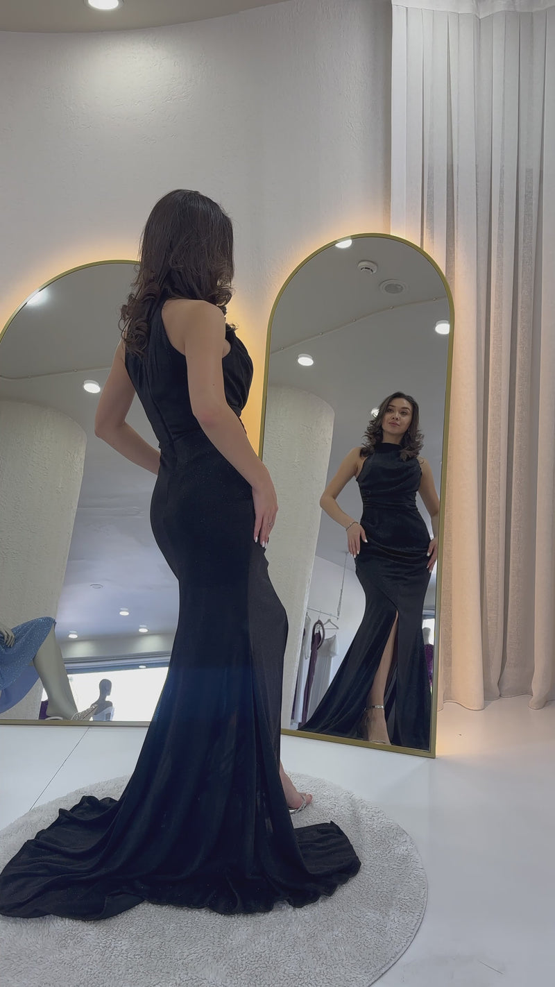 Women's Black Halter Neck Glitter Drapedd Slit Evening Gown