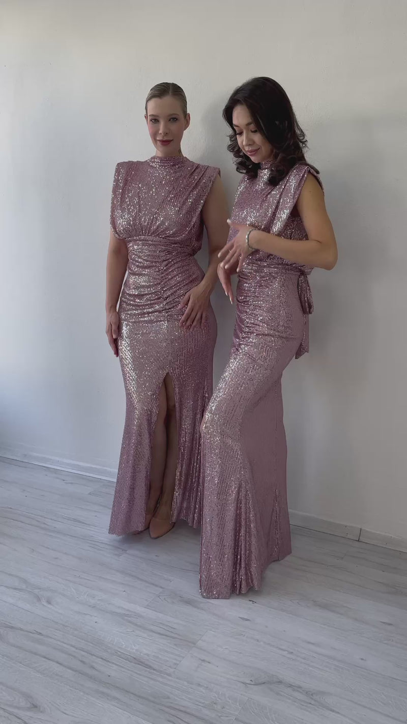 Women's Powder Pink High Neck Kuşak Detail Slit Sequin Evening Gown