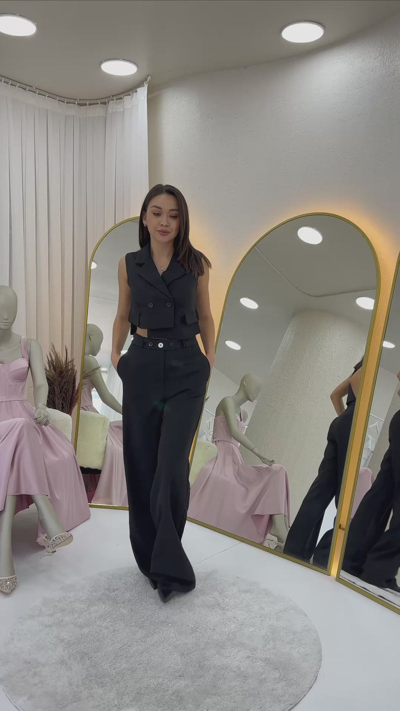 Women's Black Asymmetric Vest Pants İkili Co-ord Set