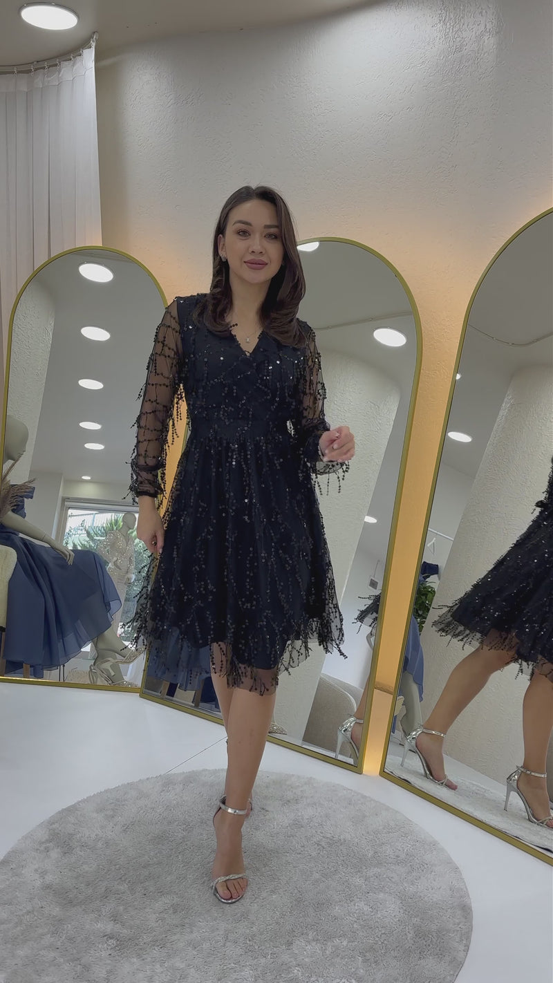 Women's V-Neck Sequin Plus Size Evening Gown-Black