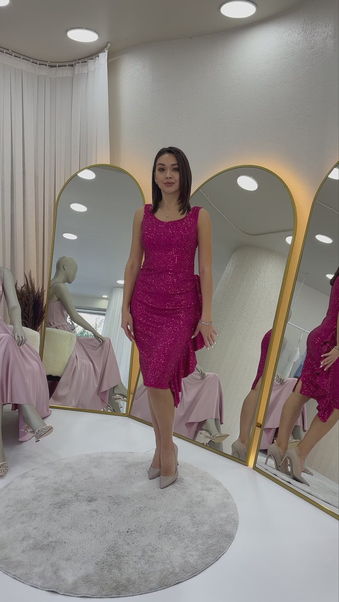 Fuchsia Sequin Thick Strap Midi FırFır Detaillı Evening Dress